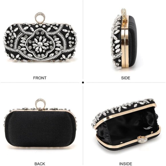 🆕Women Black Beaded Polyester Evening Bag Rhinestone Clutch Shoulder Handbag - Picture 7 of 7